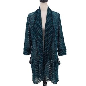 IC by Connie K Textured Sheer Cardigan XL Teal Black Lace Lagenlook Art to Wear